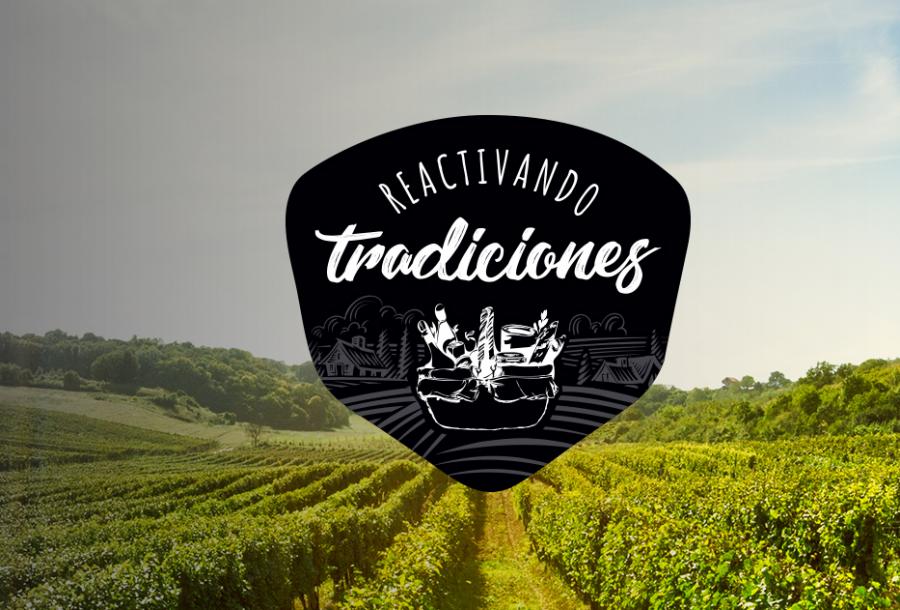 Logo de Reactivando tradiciones sobre panorámica de viñedos